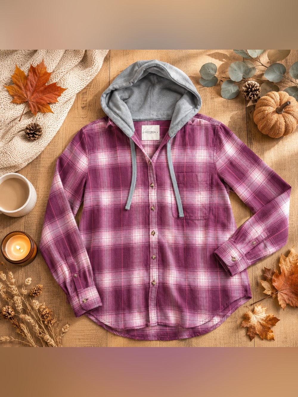 Lucky Brand Plaid Flannel Hoodie Berry Pink Gray Button Down Small